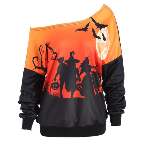 Women Halloween Pumpkin Bat Printed Sweatshirt