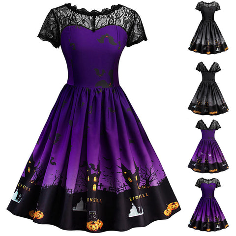 Women Short Sleeve A Line Pumpkin Halloween