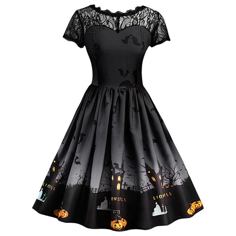 Women Short Sleeve A Line Pumpkin Halloween